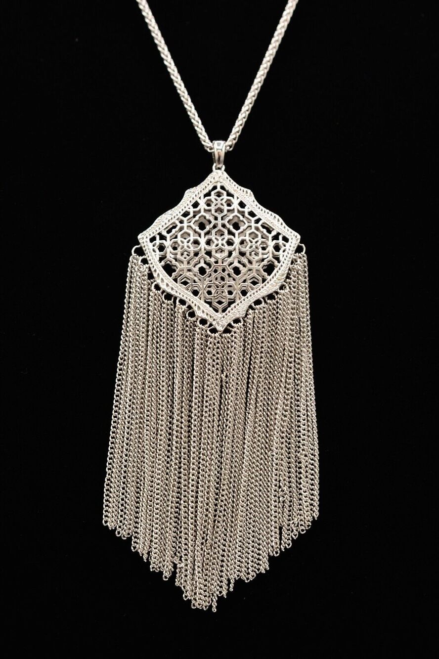 Kendra Scott Kingston Silver Necklace Filigree Chain Fringe Tassel Signed BinM